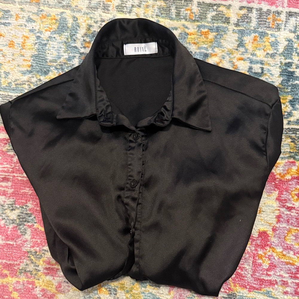Black Satin Oversized Button-Up Blouse
